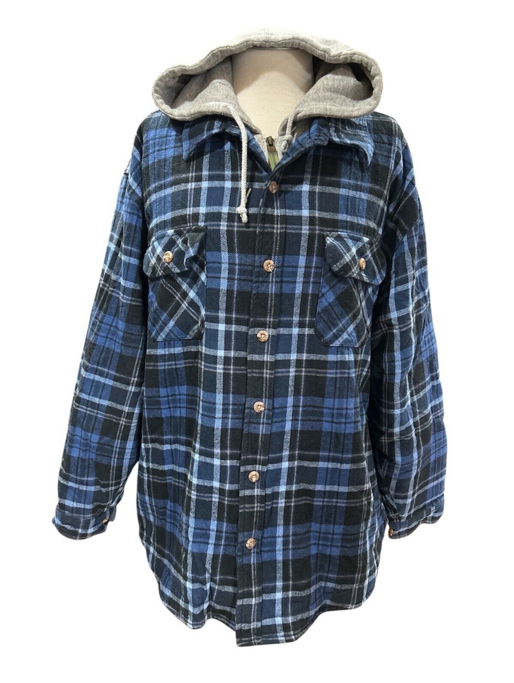 Field & Stream Mens hooded flannel shirt jacket Blue Plaid Full Zip Long Sleeve